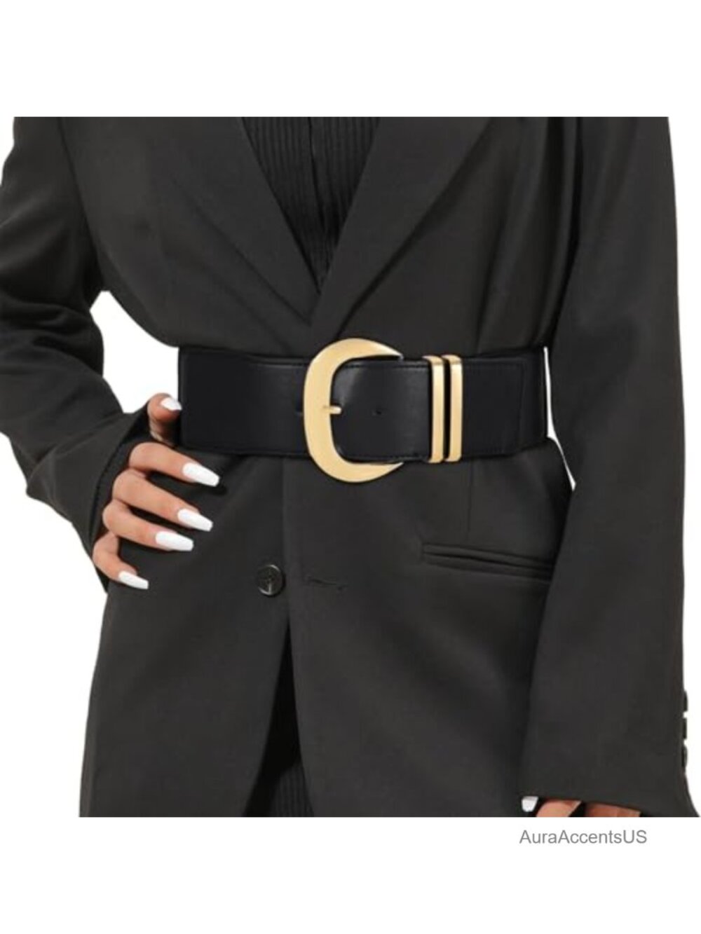 Wide Elastic Belt for Dresses with Gold Buckle Stretchy PU Leather Waistband